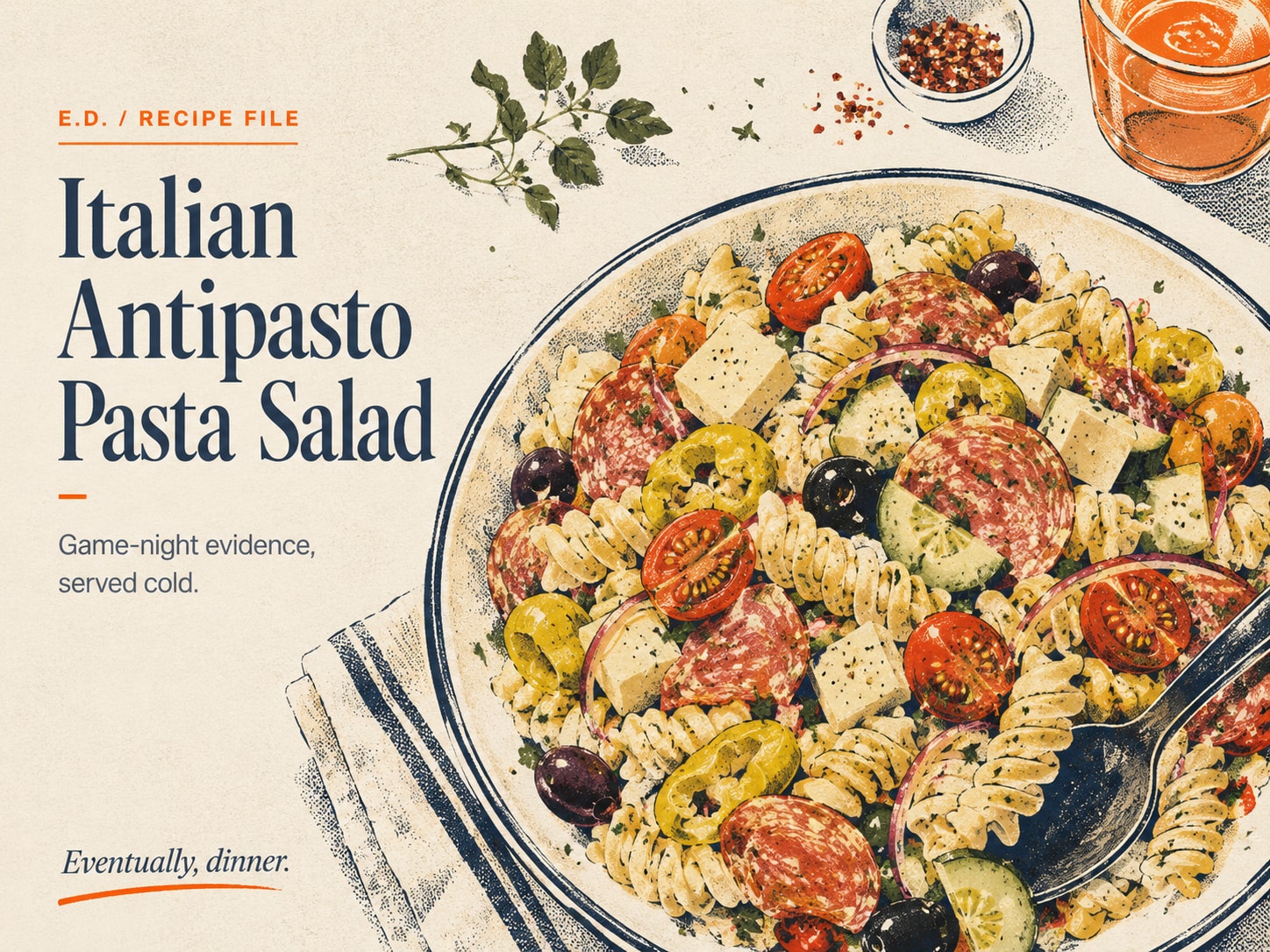 Italian antipasto pasta salad with tomatoes, olives, herbs, and cheese